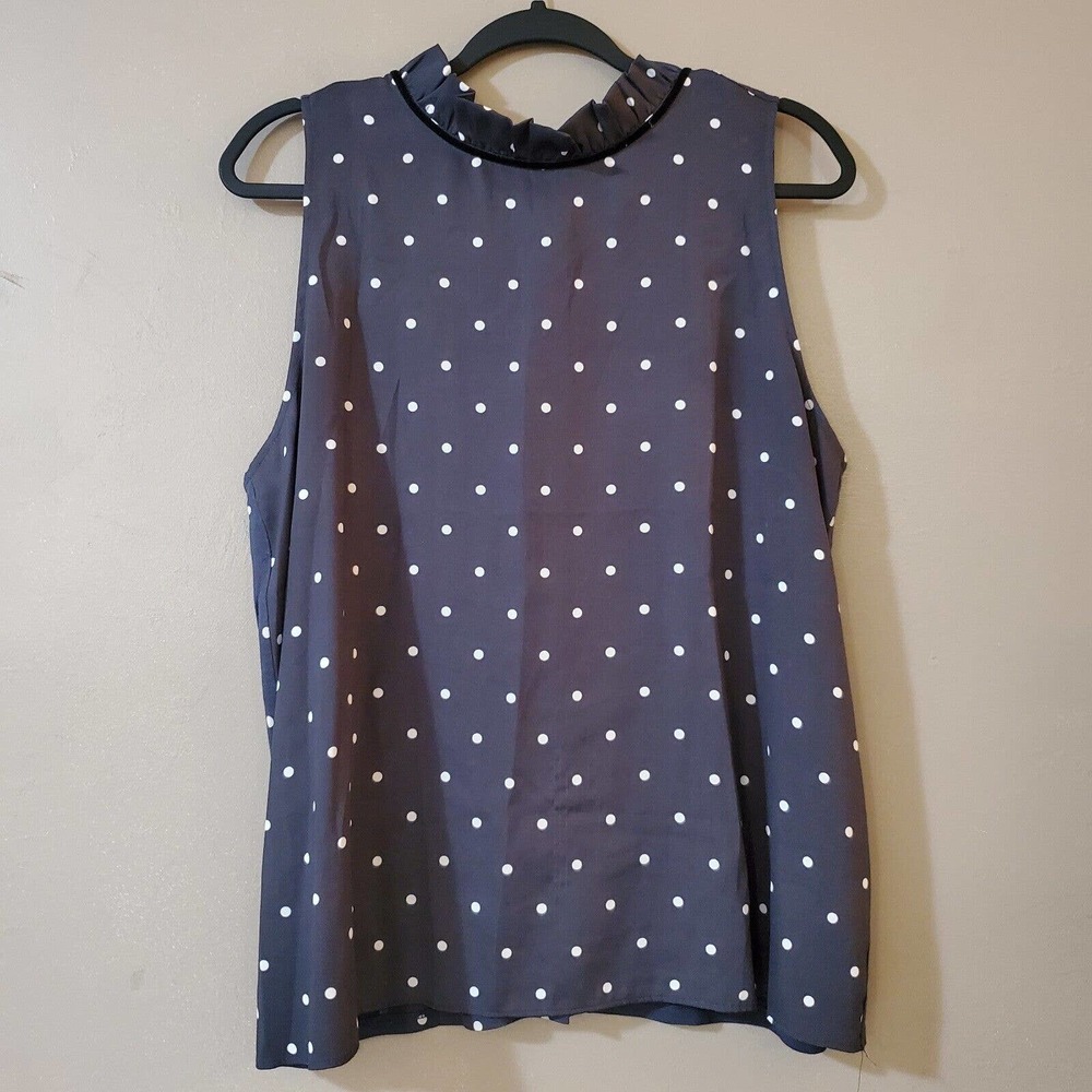 LOFT Womens Pullover Blouse Size L Gray White Polka Dot Sleeveless High Tie Neck